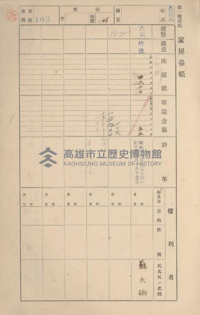 鳳山郡鳥松庄田草埔家屋臺帳
（二冊之內第一號）藏品圖，第160張