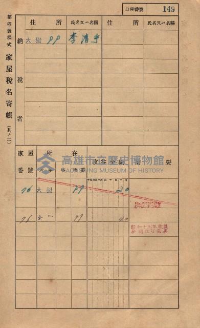 高雄州鳳山郡大樹庄大樹家屋稅名寄帳
（一冊之內第一號）藏品圖，第160張