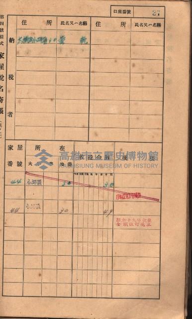 高雄州鳳山郡大樹庄小坪頂家屋稅名寄帳
（三冊之內第一號）藏品圖，第50張