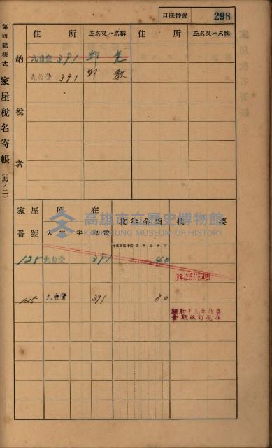 高雄州鳳山郡大樹庄九曲堂家屋稅名寄帳
（二冊之內第二號）藏品圖，第100張