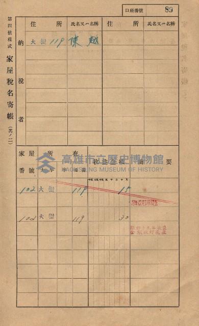 高雄州鳳山郡大樹庄大樹家屋稅名寄帳
（一冊之內第一號）藏品圖，第100張