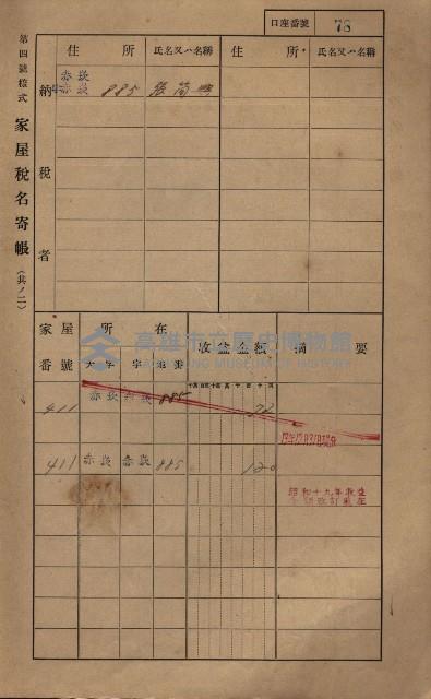 高雄州鳳山郡大寮庄赤崁家屋稅名寄帳
（三冊之內第一號）藏品圖，第100張