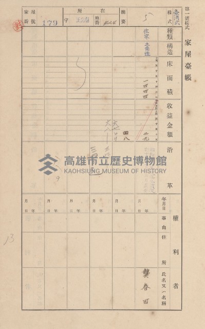 鳳山郡林園庄王公廟家屋臺帳（三冊之內第一號）藏品圖，第190張