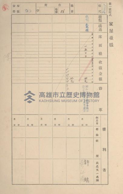 鳳山郡鳥松庄田草埔家屋臺帳
（二冊之內第一號）藏品圖，第90張