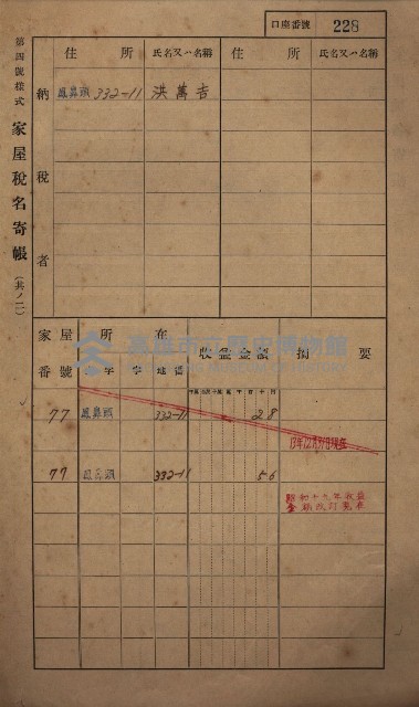 高雄州鳳山郡小港庄鳳鼻頭家屋稅名寄帳
（一冊之內第一號）藏品圖，第240張
