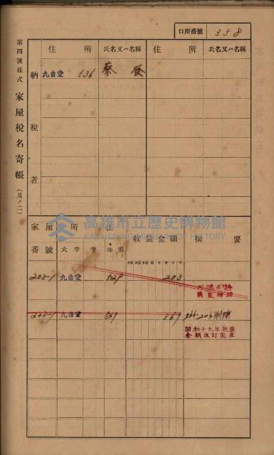 高雄州鳳山郡大樹庄九曲堂家屋稅名寄帳
（二冊之內第二號）藏品圖，第140張