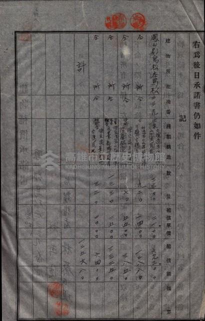 高雄工業用水道用地建物移轉承諾書
（買收關係－卅八之十五）藏品圖，第180張