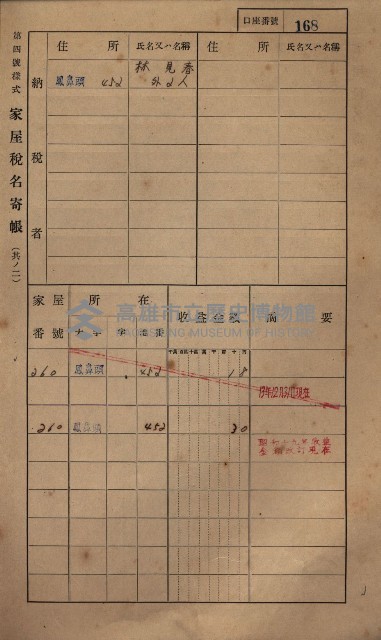 高雄州鳳山郡小港庄鳳鼻頭家屋稅名寄帳
（一冊之內第一號）藏品圖，第180張