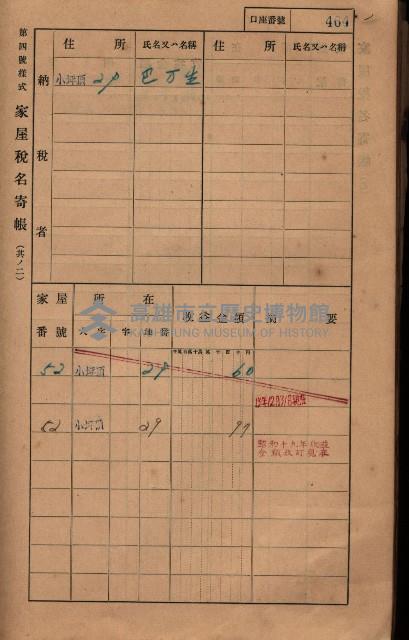 高雄州鳳山郡大樹庄小坪頂家屋稅名寄帳
（三冊之內第三號）藏品圖，第65張