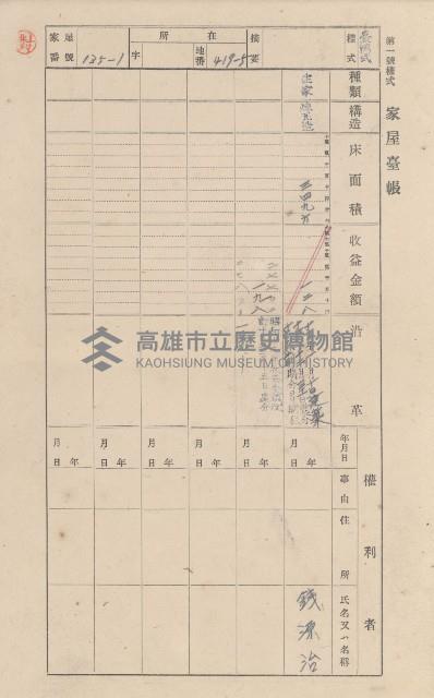 鳳山郡大樹庄九曲堂家屋臺帳（二冊之內第一號）藏品圖，第125張