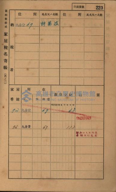 高雄州鳳山郡大樹庄九曲堂家屋稅名寄帳
（二冊之內第二號）藏品圖，第25張