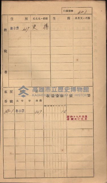 高雄州鳳山郡大樹庄無水寮家屋稅名寄帳
（二冊之內第二號）藏品圖，第205張