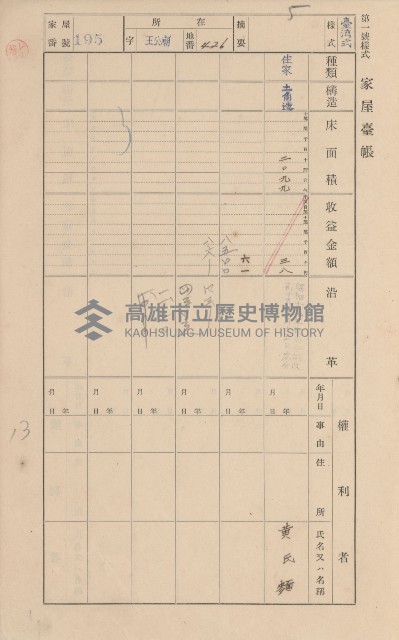 鳳山郡林園庄王公廟家屋臺帳（三冊之內第一號）藏品圖，第205張