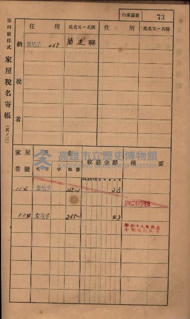 高雄州鳳山郡小港庄塩水港、中大厝、空地子
家屋稅名寄帳（一冊之內第一號）藏品圖，第105張