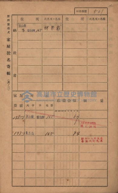 高雄州鳳山郡林園庄王公廟家屋稅名寄帳
（三冊之內第三號）藏品圖，第105張