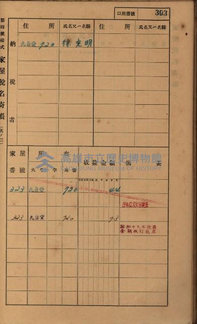 高雄州鳳山郡大樹庄九曲堂家屋稅名寄帳
（二冊之內第二號）藏品圖，第105張