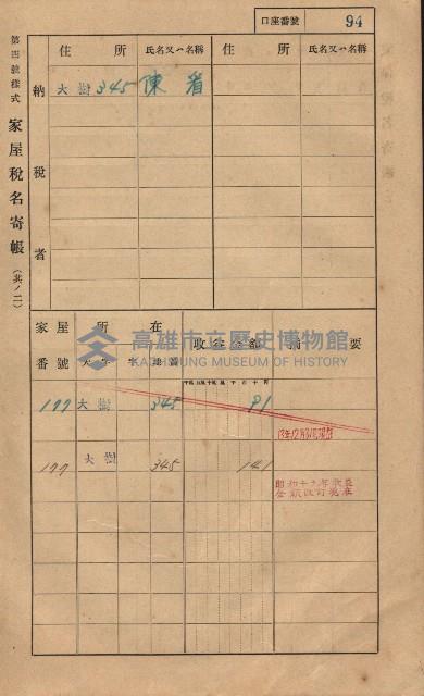 高雄州鳳山郡大樹庄大樹家屋稅名寄帳
（一冊之內第一號）藏品圖，第105張