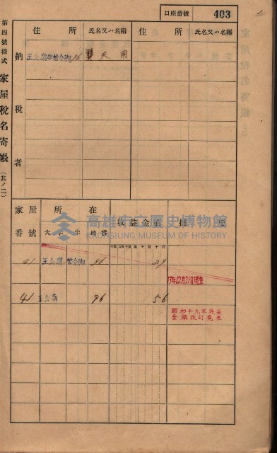 高雄州鳳山郡林園庄王公廟家屋稅名寄帳
（三冊之內第三號）藏品圖，第5張