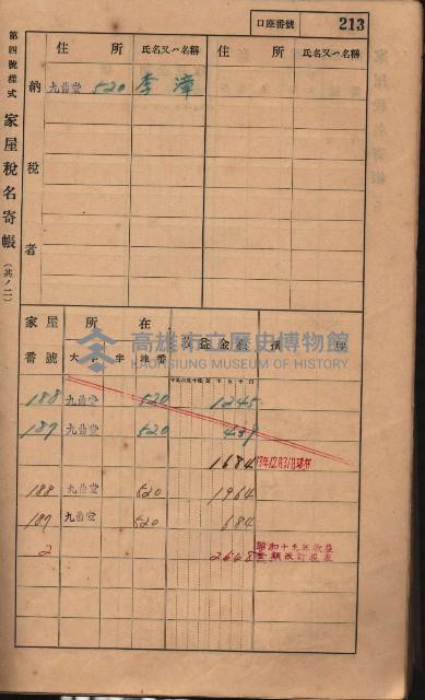 高雄州鳳山郡大樹庄九曲堂家屋稅名寄帳
（二冊之內第二號）藏品圖，第15張