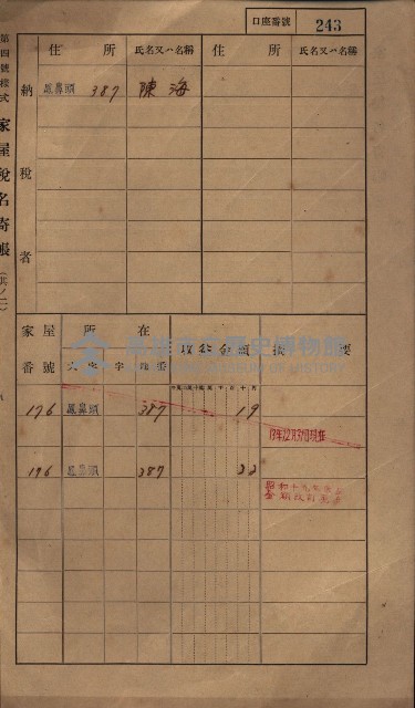 高雄州鳳山郡小港庄鳳鼻頭家屋稅名寄帳
（一冊之內第一號）藏品圖，第255張