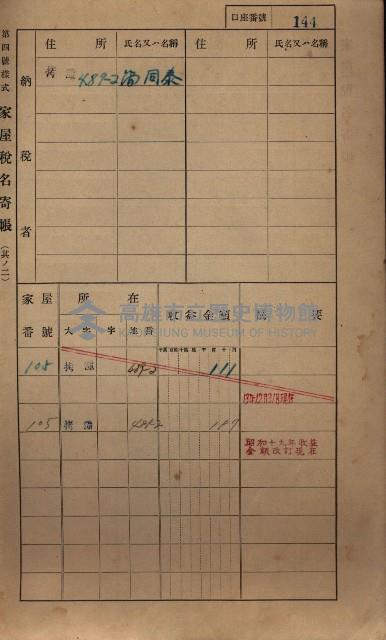 高雄州鳳山郡大寮庄拷潭家屋稅名寄帳
（二冊之內第一號）藏品圖，第155張