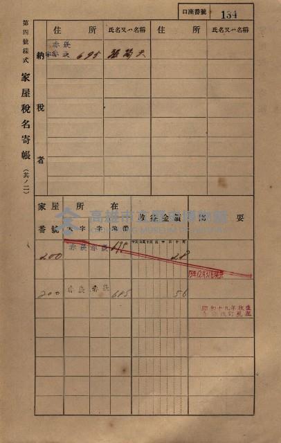 高雄州鳳山郡大寮庄赤崁家屋稅名寄帳
（三冊之內第一號）藏品圖，第155張
