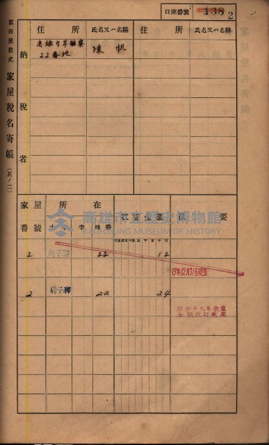高雄州鳳山郡鳥松庄夢裡、崎子脚、十九灣家屋稅名寄帳
（一冊之內第一號）藏品圖，第155張