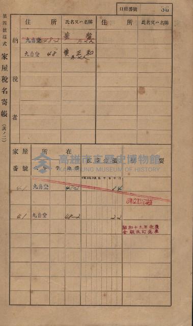 高雄州鳳山郡大樹庄九曲堂家屋稅名寄帳
（二冊之內第一號）藏品圖，第55張