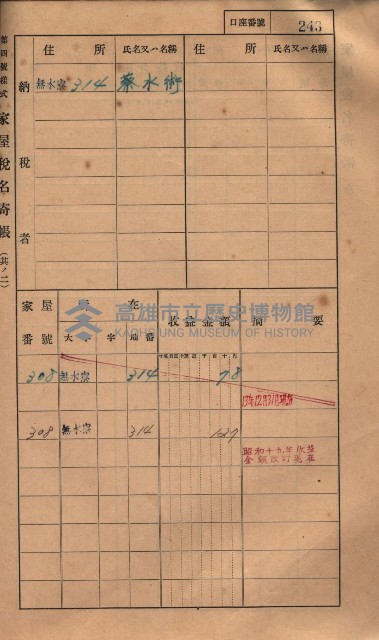 高雄州鳳山郡大樹庄無水寮家屋稅名寄帳
（二冊之內第二號）藏品圖，第45張