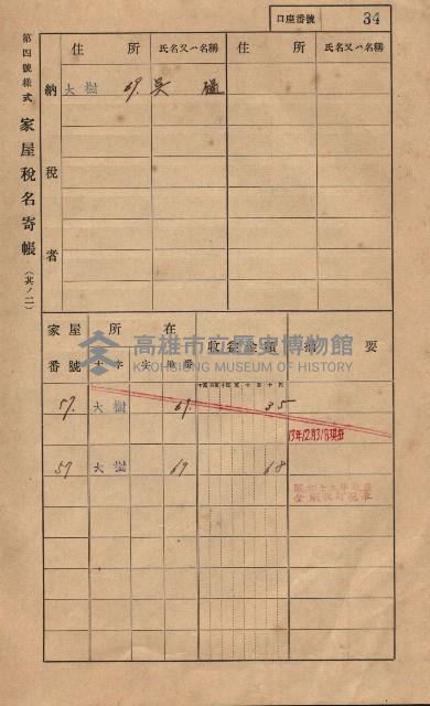高雄州鳳山郡大樹庄大樹家屋稅名寄帳
（一冊之內第一號）藏品圖，第45張