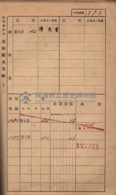 高雄州鳳山郡大樹庄無水寮家屋稅名寄帳
（二冊之內第二號）藏品圖，第195張