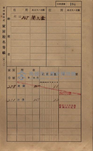 高雄州鳳山郡大寮庄拷潭家屋稅名寄帳
（二冊之內第一號）藏品圖，第195張