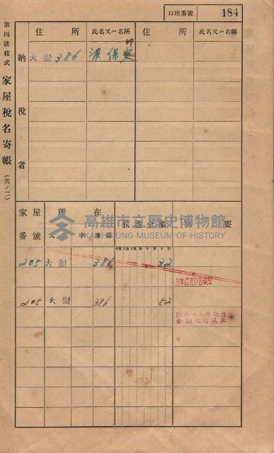 高雄州鳳山郡大樹庄大樹家屋稅名寄帳
（一冊之內第一號）藏品圖，第195張