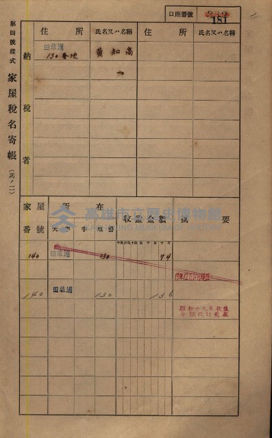 高雄州鳳山郡鳥松庄田草埔家屋稅名寄帳藏品圖，第195張