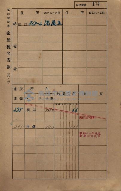 高雄州鳳山郡大寮庄拷潭家屋稅名寄帳
（二冊之內第一號）藏品圖，第185張