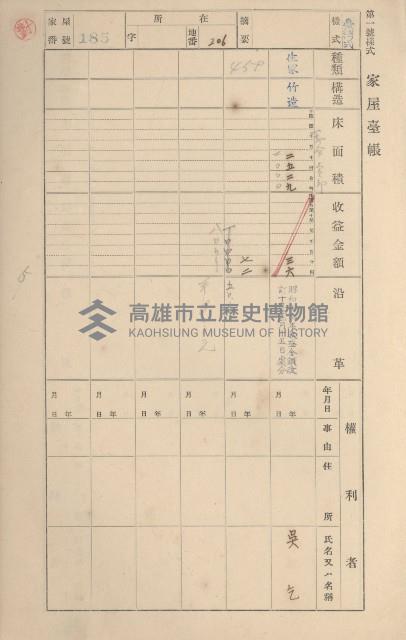 鳳山郡鳥松庄田草埔家屋臺帳
（二冊之內第一號）藏品圖，第185張