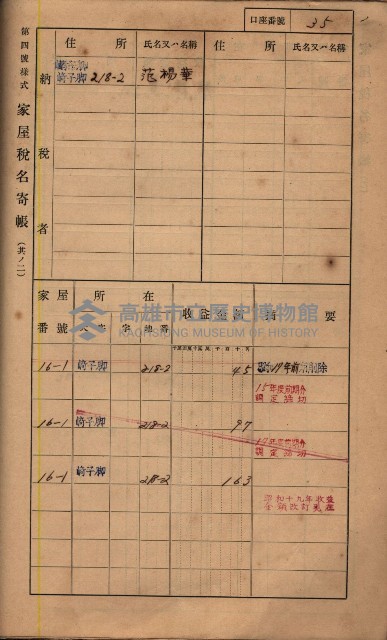 高雄州鳳山郡鳥松庄夢裡、崎子脚、十九灣家屋稅名寄帳
（一冊之內第一號）藏品圖，第185張