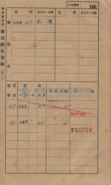 高雄州鳳山郡大樹庄九曲堂家屋稅名寄帳
（二冊之內第一號）藏品圖，第185張