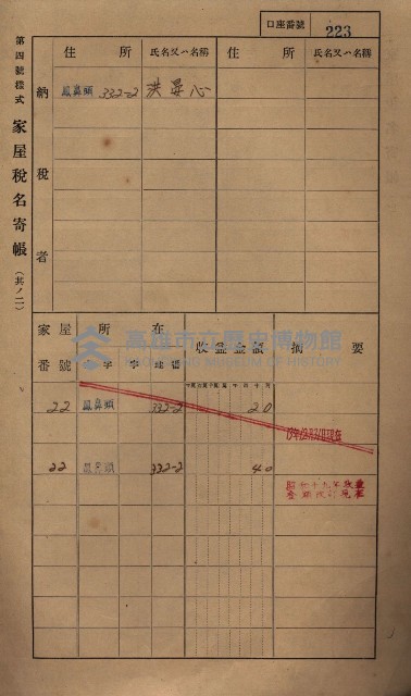 高雄州鳳山郡小港庄鳳鼻頭家屋稅名寄帳
（一冊之內第一號）藏品圖，第235張