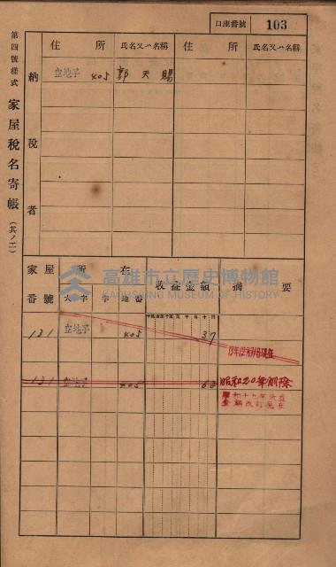高雄州鳳山郡小港庄塩水港、中大厝、空地子
家屋稅名寄帳（一冊之內第一號）藏品圖，第135張