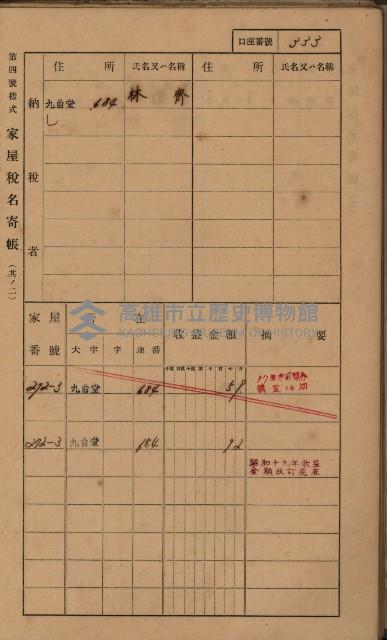 高雄州鳳山郡大樹庄九曲堂家屋稅名寄帳
（二冊之內第二號）藏品圖，第135張