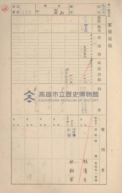 鳳山郡鳥松庄田草埔家屋臺帳
（二冊之內第一號）藏品圖，第135張