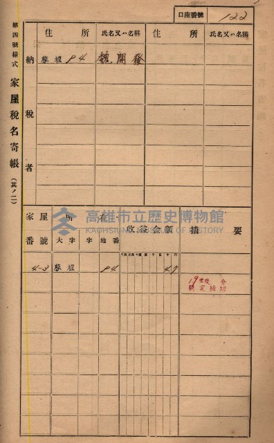 高雄州鳳山郡鳥松庄夢裡、崎子脚、十九灣家屋稅名寄帳
（一冊之內第一號）藏品圖，第135張