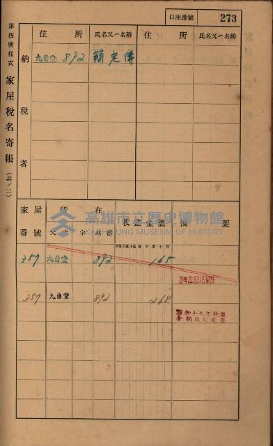 高雄州鳳山郡大樹庄九曲堂家屋稅名寄帳
（二冊之內第二號）藏品圖，第75張