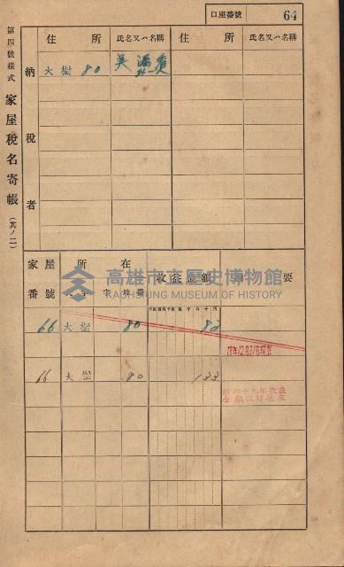 高雄州鳳山郡大樹庄大樹家屋稅名寄帳
（一冊之內第一號）藏品圖，第75張