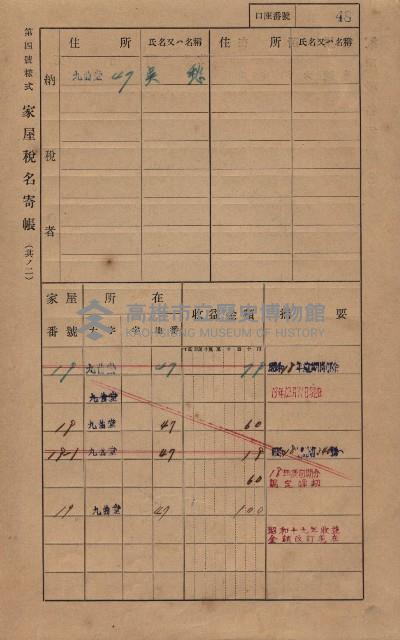 高雄州鳳山郡大樹庄九曲堂家屋稅名寄帳
（二冊之內第一號）藏品圖，第67張