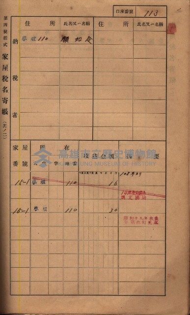 高雄州鳳山郡鳥松庄夢裡、崎子脚、十九灣家屋稅名寄帳
（一冊之內第一號）藏品圖，第127張