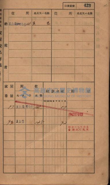 高雄州鳳山郡林園庄王公廟家屋稅名寄帳
（三冊之內第三號）藏品圖，第27張
