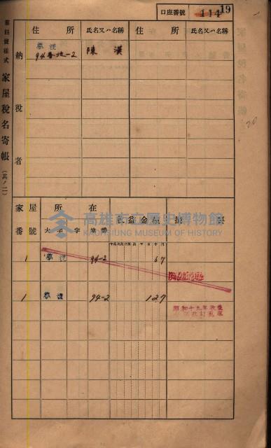 高雄州鳳山郡鳥松庄夢裡、崎子脚、十九灣家屋稅名寄帳
（一冊之內第一號）藏品圖，第27張
