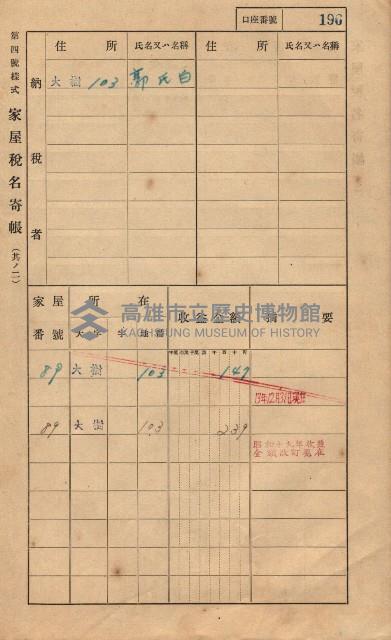 高雄州鳳山郡大樹庄大樹家屋稅名寄帳
（一冊之內第一號）藏品圖，第207張